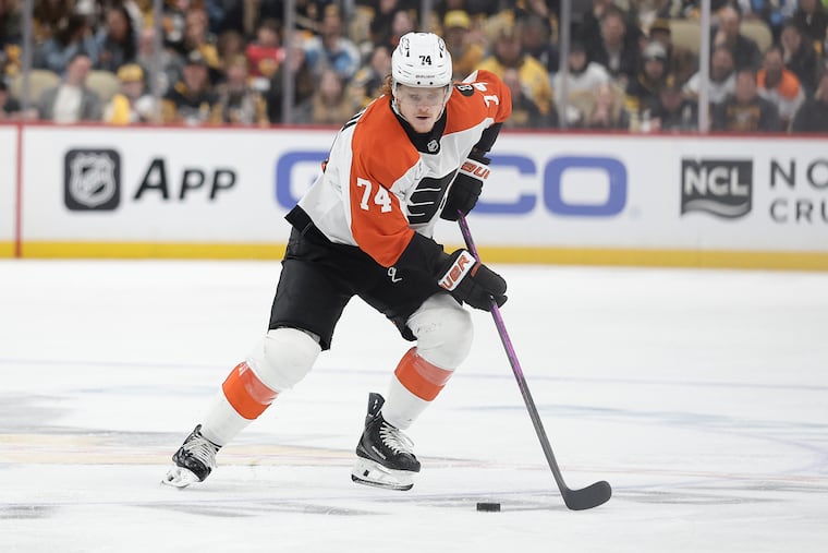Flyers right wing Owen Tippett skates with the puck against the Pittsburgh Penguins in Game 2 of the Eastern Conference first round.