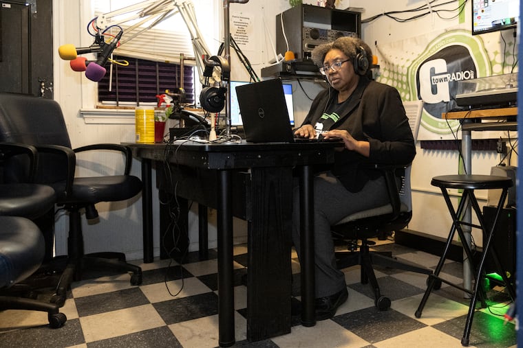 Janice Tosto at G-Town community radio station in Philadelphia in March 2023. Tosto interviewed Christopher Ojeda, an expert on the connections between politics and depression, for her show on Oct. 25.