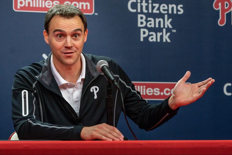 Phillies general manager Matt Klentak speaking at Monday's press conference.