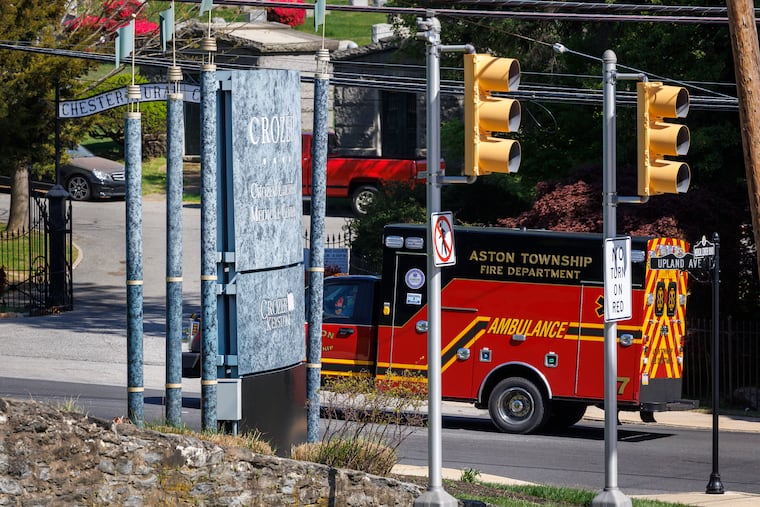Aston Township Fire Department ambulance at Crozer-Chester Medical Center in April 2025, shortly before the hospital closed after its owners filed for bankruptcy.