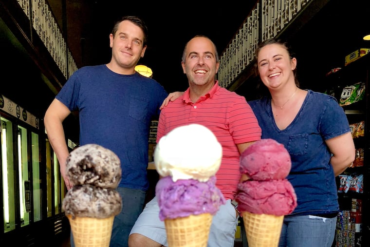 Chris Perotti (left), Ryan Pollock, and Kate Perotti of Harper's Ice Cream at Rybrew, 2816 W. Girard Ave.