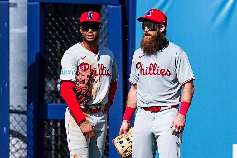 Justin Crawford (left) and Brandon Marsh during spring training.