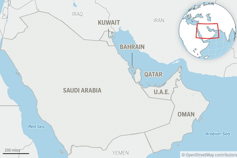 This is a locator map for the Gulf Cooperation Council member states: Saudi Arabia, Bahrain, Qatar, Oman, Kuwait and United Arab Emirates.