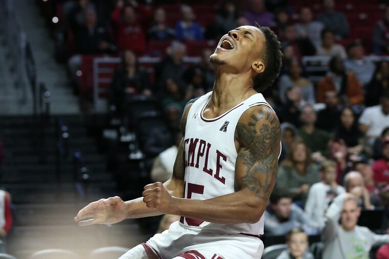 Nate Pierre-Louis of Temple reacts after a pass for an uncontested layup late in the game was thrown over his head against Missouri at the Liacouras Center on Dec. 7, 2019.