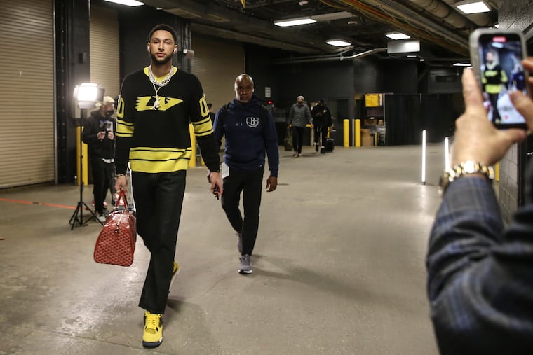 The Nets' Ben Simmons arrives for his game against the Sixers at the Wells Fargo Center in Philadelphia, Thursday, March 10, 2022.