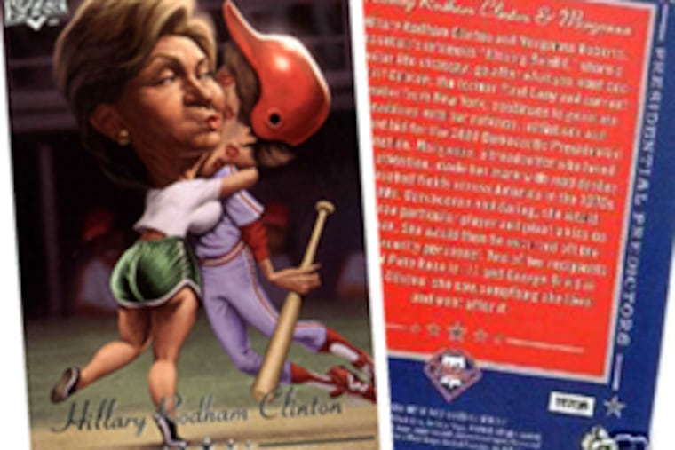 The Upper Deck trading card portrays Hillary Clinton as the infamous Morganna "the Kissing Bandit" in baseball history. Production was stopped but some cards are selling on Ebay.