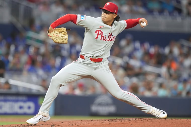 Jesús Luzardo throws a pitch in the first inning on Saturday in Miami.