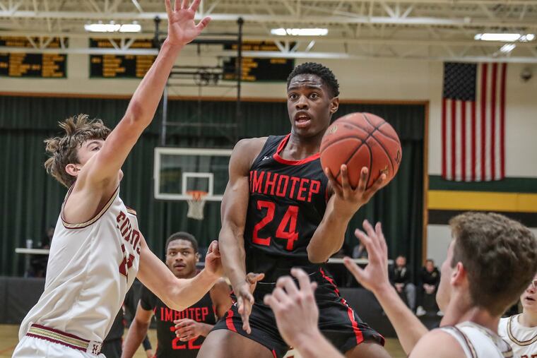 Imhotep Charter's Kamrohn Roundtree, here driving on Sunday vs. Haverford School, wears No. 24 because of his admiration for Kobe Bryant.