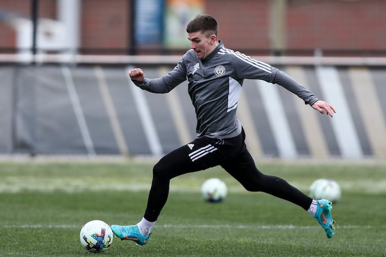 New Union forward Mikael Uhre on the ball during Tuesday's practice.