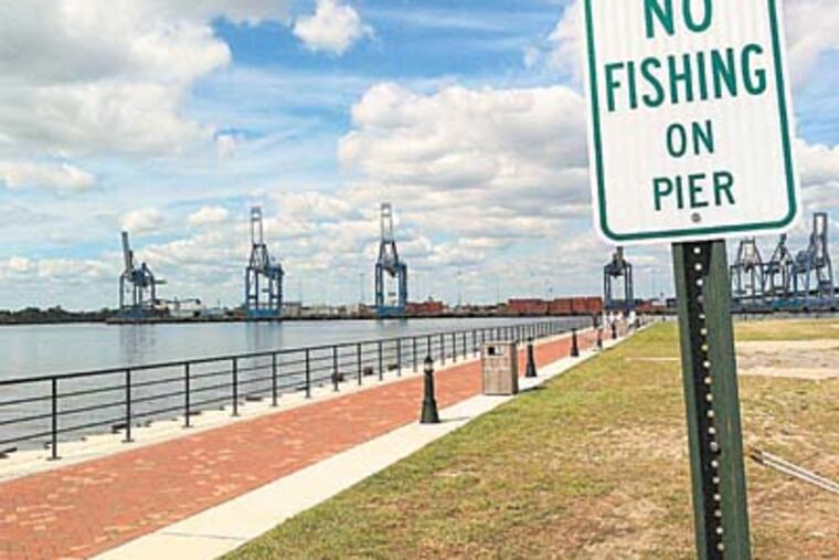Gloucester City, NJ prohibits fishing on its recently renovated Freedom Pier. Fishing is allowed on a nearby pier built for that purpose. Photo by Kevin Riordan