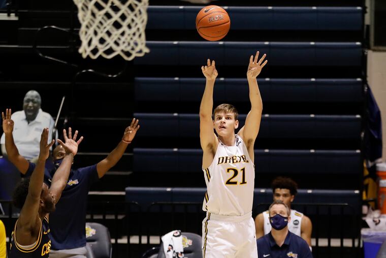 Drexel forward Mate Okros shooting against Coppin State in December.