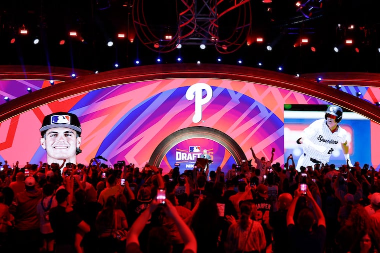 Major League Baseball commissioner Rob Manfred announces shortstop Tyler Spangler as the Phillies' 36th overall pick of the 2026 MLB draft.
