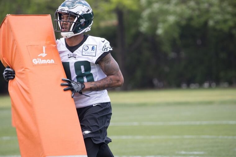 Jordan Thomas at the Eagles rookie camp at the Novacare Complex on Friday.