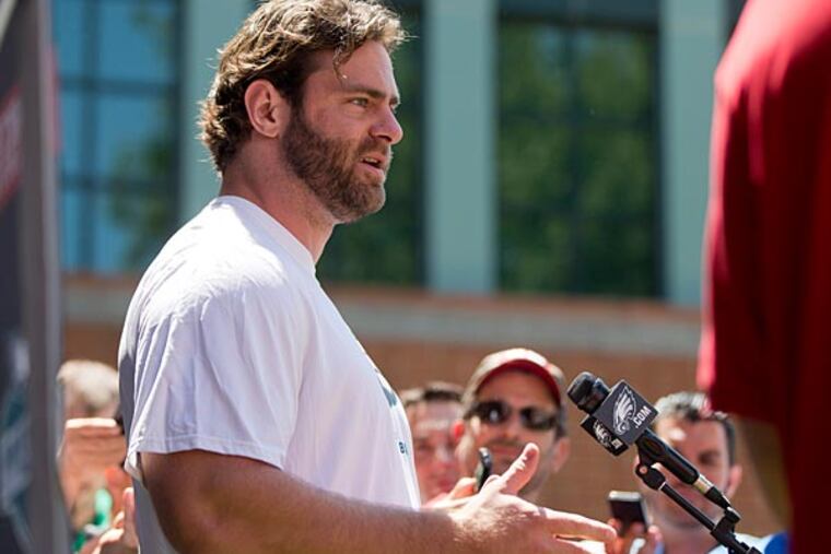 Philadelphia Eagles guard Evan Mathis speaks with members of the media at NFL football training camp, Friday, July 25, 2014, in Philadelphia. (AP Photo)