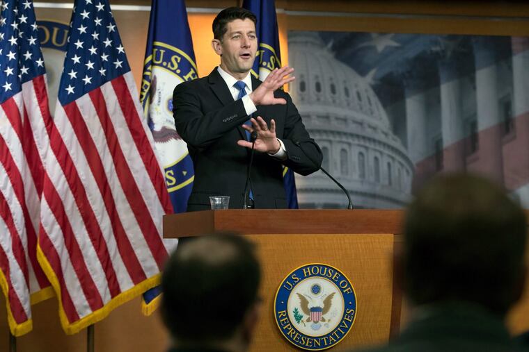 House Speaker Paul Ryan (R., Wis.) meets with reporters Thursday as he encourages support for Republican tax legislation, on Capitol Hill.