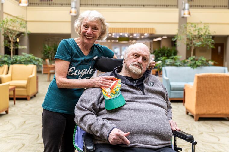 Carol and Pete Jackson poses for a photo together at the Horsham Center for Jewish Life, in North Wales, Pa., on Thursday, Feb. 23, 2023. The two met each other in May of 1990 and fell in love in January 1992. The two of them have been together for 29 years.