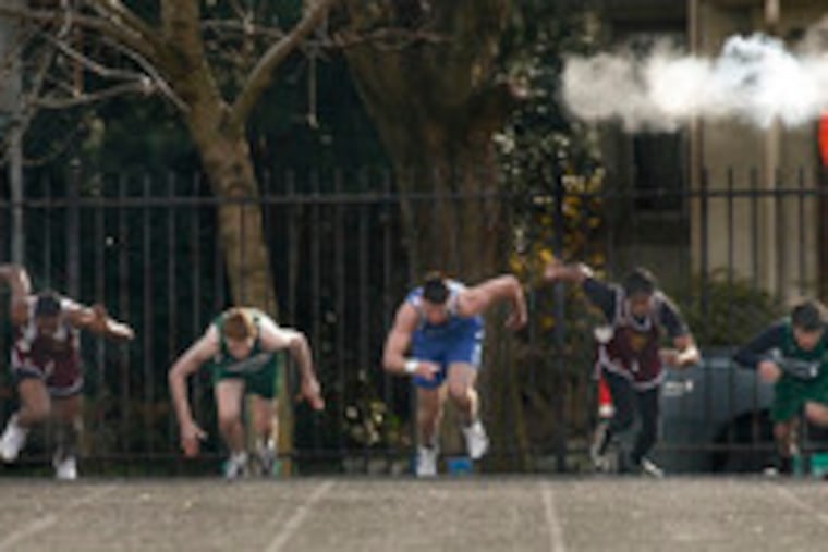 They're off and running in the boys' 100 in yesterday's Colonial Conference double dual track meet. Haddon Heights' Cole Neary and Chris Roundtree tied in 12.2 seconds.