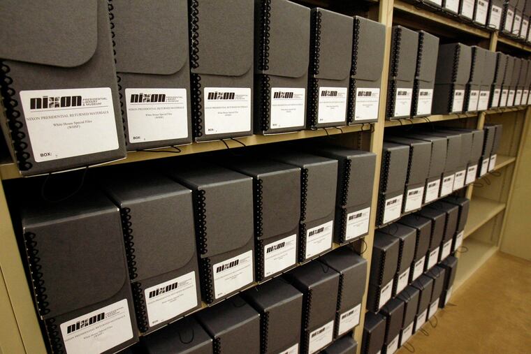 Boxes containing the presidential papers of Richard Nixon are displayed at the newly remodeled Nixon Presidential Library & Museum in Yorba Linda, Calif., on July 11, 2007. The previously privately operated library was officially handed over to the National Archives during the ceremony.