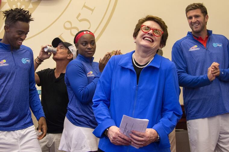 Philadelphia Freedoms team owner Billie Jean King is introduced to VIP fans before the home opener.