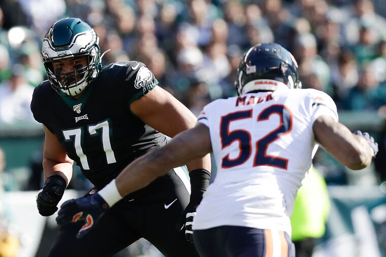 Eagles offensive tackle Andre Dillard watching Chicago Bears outside linebacker Khalil Mack earlier this month.