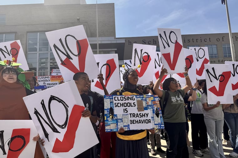 Students from Lankenau High School protest the planned closing of their high school before the school board meeting on Thursday. A planned vote on the facilities master plan - and Lankenau's closure - was postponed a week at City Council's urging.
