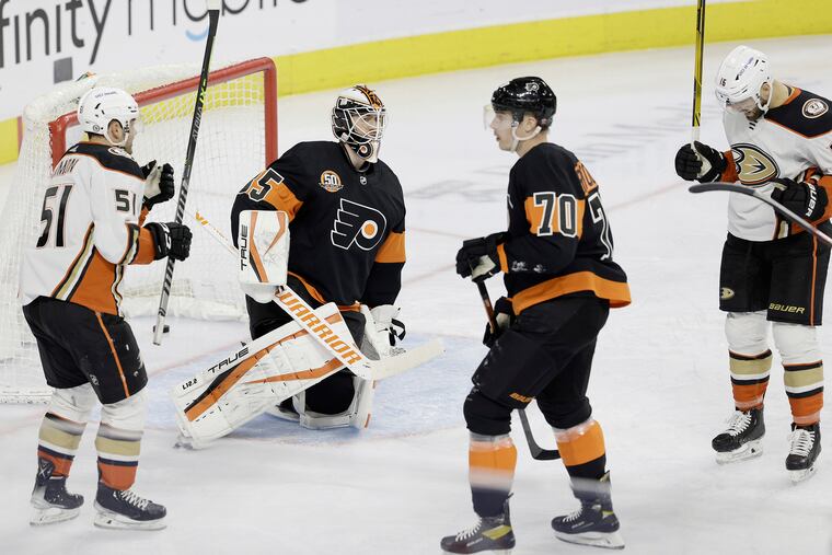 Flyers goalie Martin Jones reacts as the Ducks tie the game 2-2 in the second period of the Anaheim Ducks vs Philadelphia Flyers NHL game at the Wells Fargo Center in Phila., Pa. on April 9, 2022.