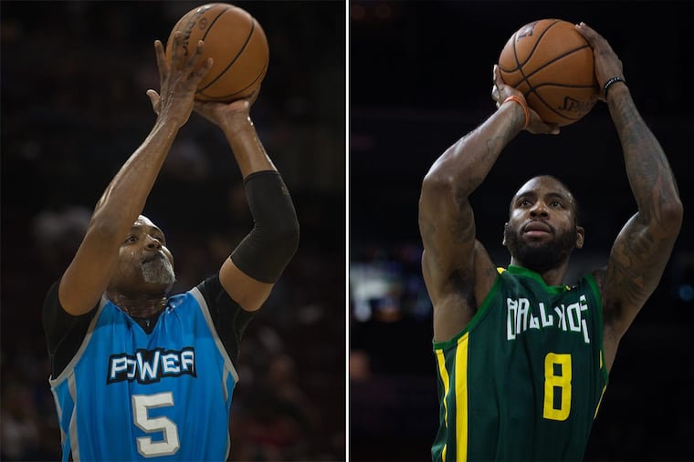 Cuttino Mobley (left) and Rasual Butler put up shots during the BIG3’s visit to the Wells Fargo Center on Sunday. (CAMERON B. POLLACK / Staff Photographer)