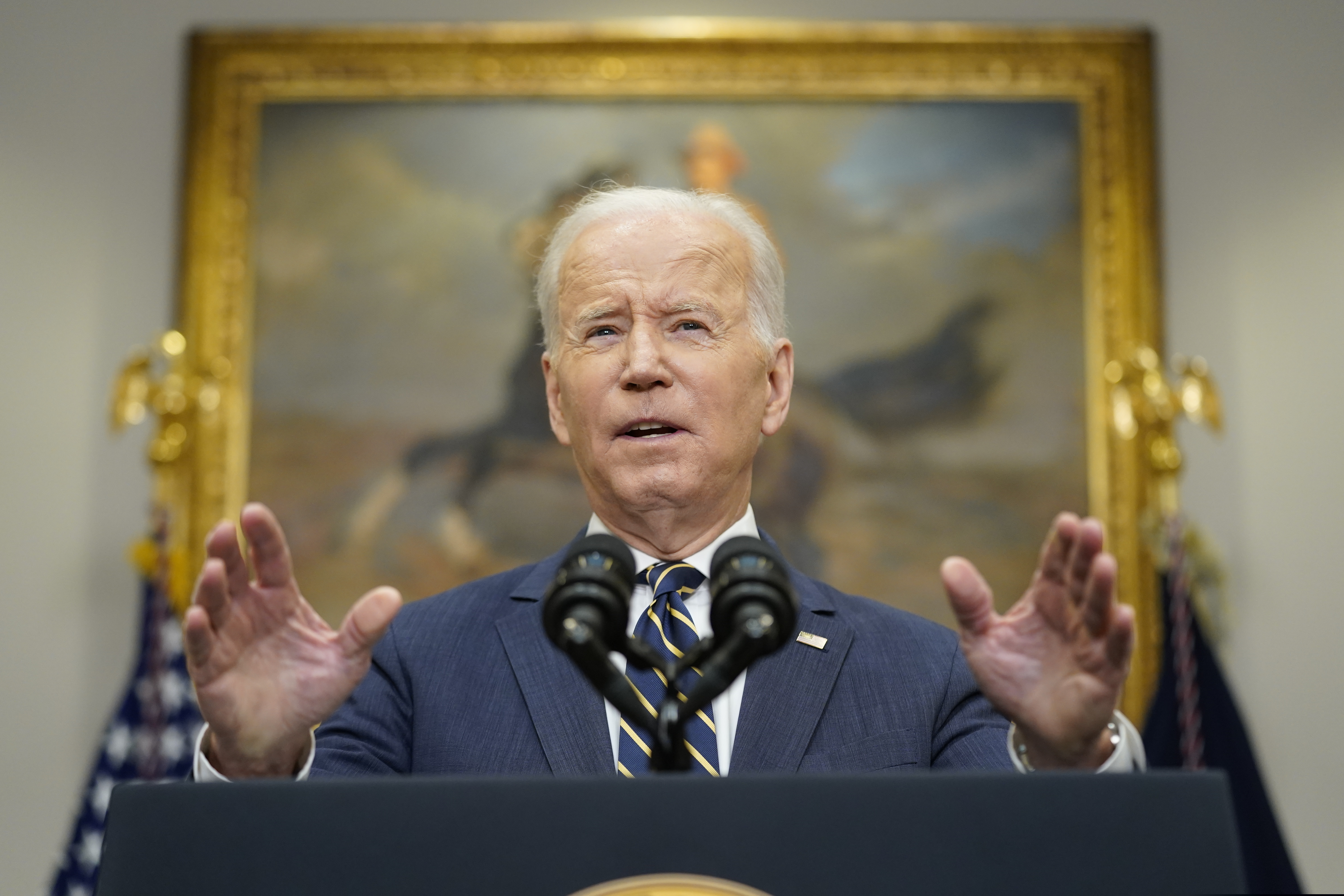 President Joe Biden announces that along with the European Union and the Group of Seven countries, the U.S. will move to revoke "most favored nation" trade status for Russia over its invasion of Ukraine, Friday, March 11, 2022, in the Roosevelt Room at the White House in Washington.