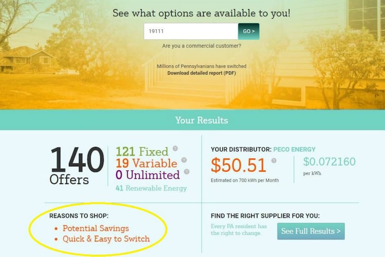 The Public Utility Commission has revised its electricity shopping website so that it no longer promotes unrealistic consumer savings from some suppliers. The revised language, encircled in yellow, now only promotes “potential savings.”