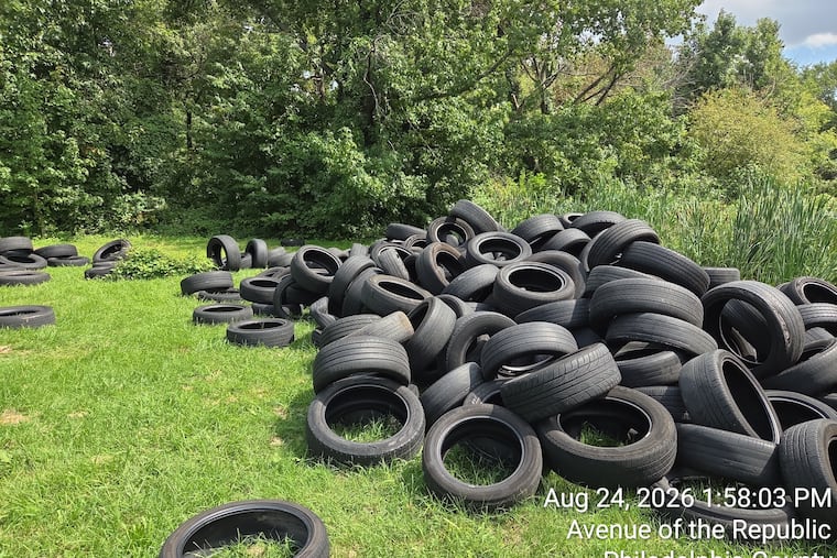 Crews from Philadelphia Parks and Recreation removed about 800 tires illegally dumped in Fairmount Park near Centennial Arboretum off Avenue of the Republic. The tires were brought in via a U-Haul truck.