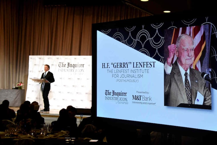 Jim Friedlich, executive director of The Lenfest Institute for Journalism introduces a video tribute to the late H.F. "Gerry" Lenfest, founder of the Institute before presenting an Inquirer Industry Icon Award posthumously during The Inquirer Hall of Fame Dinner at the Hyatt at the Bellevue November 28, 2018.