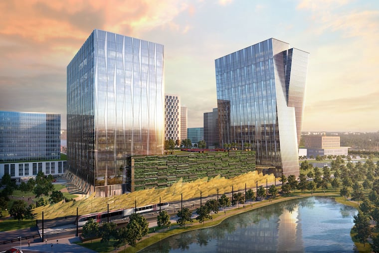 Artist's rendering of Brandywine Realty Trust's Broadmoor office campus after redevelopment, with planned train station in foreground.