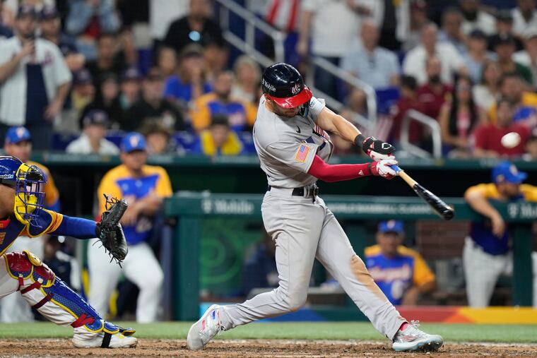 Trea Turner hits a go-ahead grand slam during the eighth inning of a World Baseball Classic game against Venezuela on March 18.