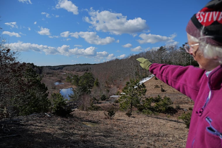 Glorianna Davenport, founder of the Living Observatory, overlooks a stream cutting through Tidmarsh Wildlife Sanctuary in Plymouth, Mass., Saturday, March 14, 2026. (Julia Vaz via AP)