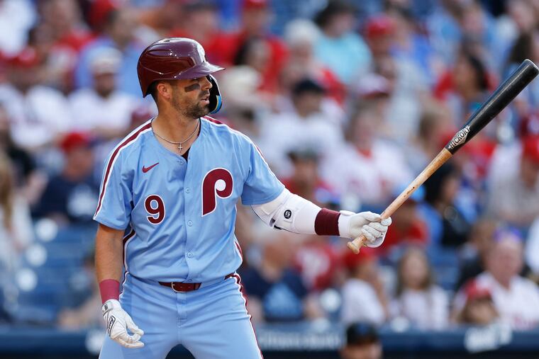 Phillies' Whit Merrifield bats against the Miami Marlins at Citizens Bank Park in 2024.