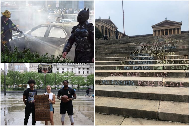 From Batman appearing at City Hall to Woody Guthrie lyrics written on the Philadelphia Museum of Art steps and a traveling basketball hoop, these are some of the most Philly moments of the Philadelphia protests.