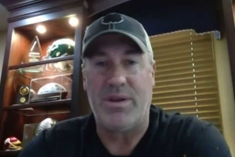 Eagles head coach Doug Pederson is seen in a screenshot from a Zoom press conference on Monday, one day after the team announced he tested positive for coronavirus.