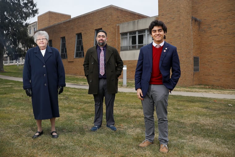 Former Inn Dwelling program director Sister Rosemarie Jefferson (from left), current director Charles Arroyave, and Holy Ghost Preparatory School senior Tomas Vallejo stand for a portrait at the Mother Boniface Spirituality Center in Philadelphia's Holmeburg section on Wednesday, Jan. 27, 2021. Inn Dwelling is a program that provides lower-income students with tutoring and college prep opportunities.