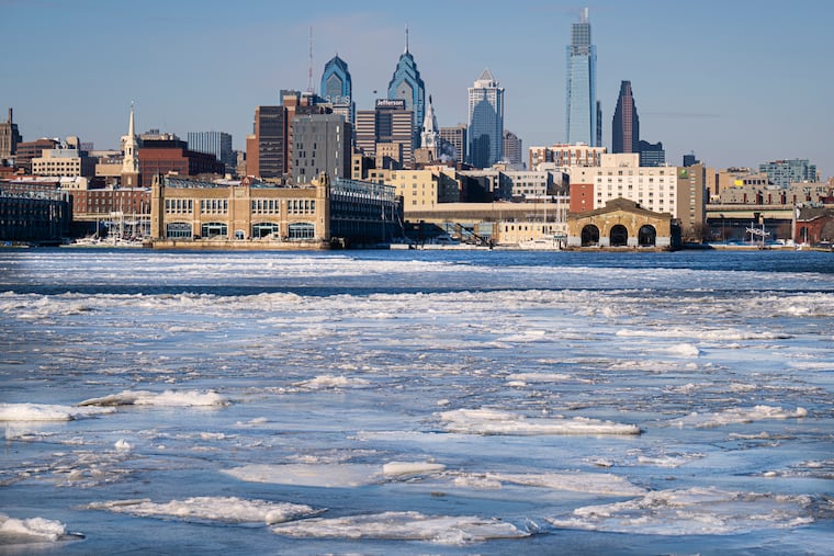 Ice drifts on the Delaware River with the Philadelphia skyline in the background, seen from Camden, N.J., Thursday, Jan. 29, 2026.