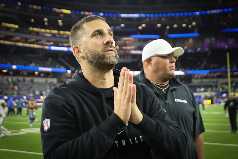 Eagles coach Nick Sirianni acknowledges the team's fans after a game against the Los Angeles Rams at SoFi Stadium on Nov. 24.