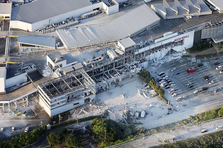 This aerial image shows the damaged AEON Mall following an earthquake in Kashima, Kumamoto prefecture, southern Japan, on Tuesday.