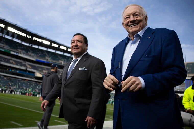 Dallas Cowboys owner Jerry Jones walks on the field before the game against the Philadelphia Eagles at Lincoln Financial Field on Sunday, Dec. 29, 2024 in Philadelphia, Pa.