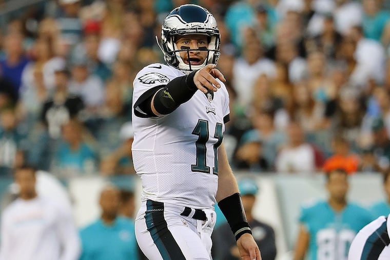 Philadelphia Eagles quarterback Carson Wentz during an NFL preseason football game against the Miami Dolphins at Lincoln Financial Field on Aug. 24.