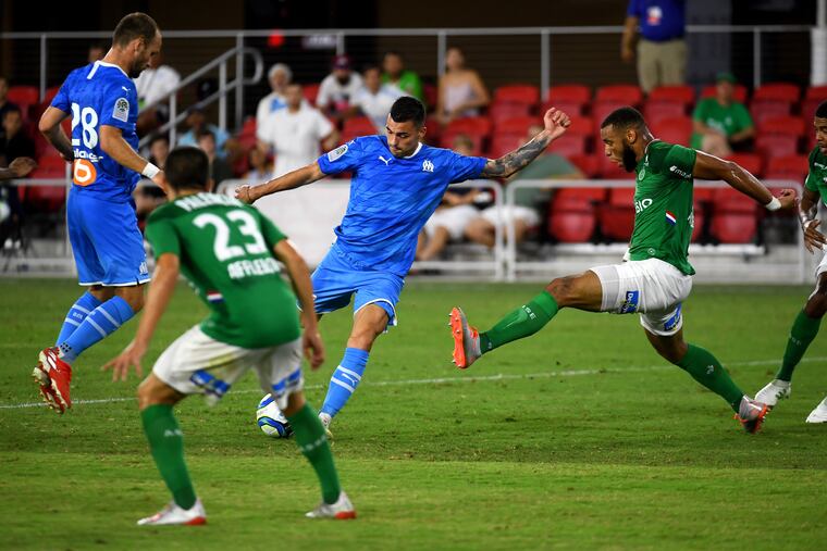 Olympique Marseille (in blue) and Saint-Étienne (in green) contested the final of a preseason exhibition tournament featuring four French clubs at D.C. United's Audi Field earlier this month.