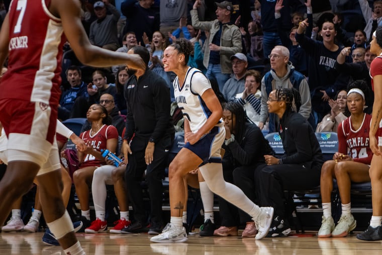 Villanova's Ryanne Allen celebrates after scoring against Temple at the Finneran Pavilion.