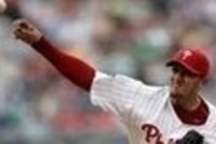 Starting pitcher Freddy Garcia throws against the Cubs in the first inning. Garcia made it to the seventh inning and was charged with three runs on eight hits.
The Philadelphia Phillies faced the Chicago Cubs and won 11-7 at Citizens Bank Park in Philadelphia on Saturday May 12, 2007. (Jerry Lodriguss / Inquirer)