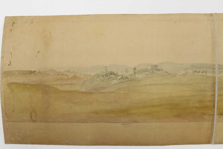 George Washington's tent at Verplanck's Point as seen in L'Enfant's long horizontal painting. Panel 1 of 6 which contains the tent. Saturday November 11, 2017.