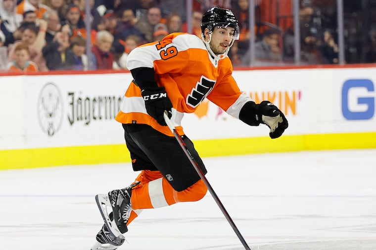 Flyers left wing Noah Cates has five goals and four assists for nine points in his first 13 NHL games.