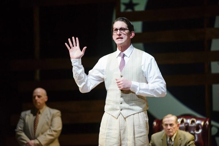 Bob Stineman (center) as Atticus Finch, with P. Brendan Mulvey as Judge Taylor (right)
looking on in "To Kill a Mockingbird" at The Media Theatre. Photo: Courtesy of the Media Theatre.