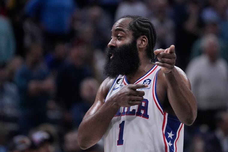 Philadelphia 76ers' James Harden reacts during the second half of an NBA basketball game against the Indiana Pacers on Monday in Indianapolis.